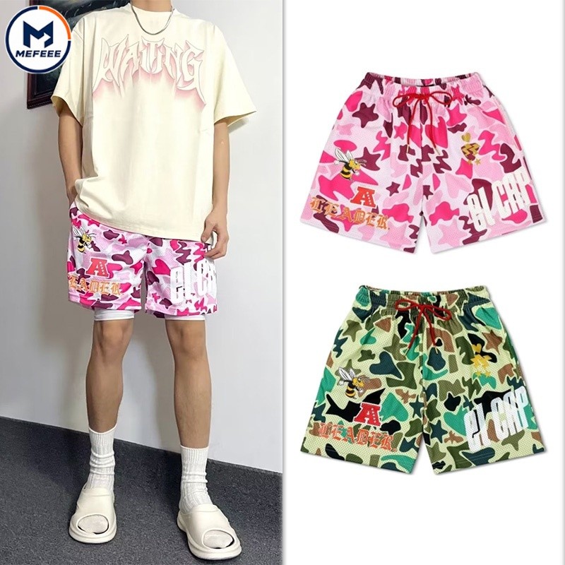 MEFEEE กางเกงขาสั้นสีชมพู Camo กางเกงขาสั้นบาสเก็ตบอล Unisex แห้ง Fit หลวม Streetwear Hip Hop กว่าเข่าฤดูร้อน Plus ขนาด
