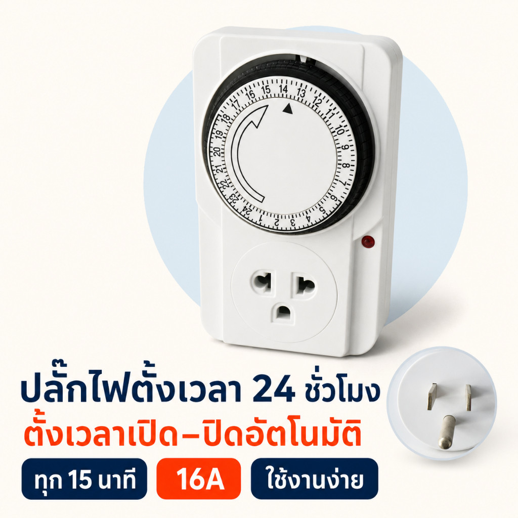 ปลั๊กไฟตั้งเวลา 24 ชั่วโมง Timer Analog เครื่องตั้งเวลาเปิดปิดอัตโนมัติ 16A 4000W ตั้งได้ทุก 15 นาที