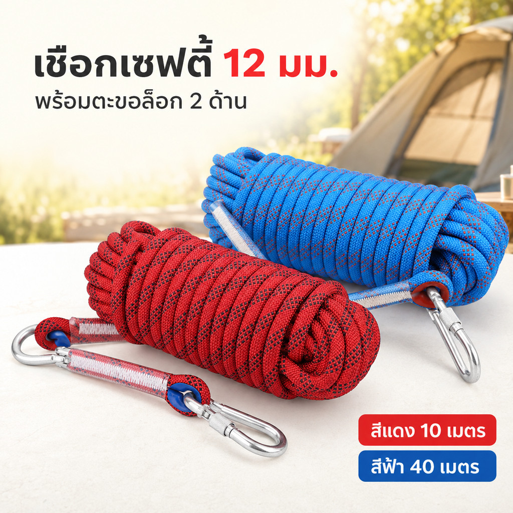 เชือกปีนเขา 12 มม. เชือกโรยตัว เชือกนิรภัยไนล่อน สำหรับงานที่สูง กู้ภัย ปีนหน้าผา กลางแจ้ง พร้อมตะขอคู่