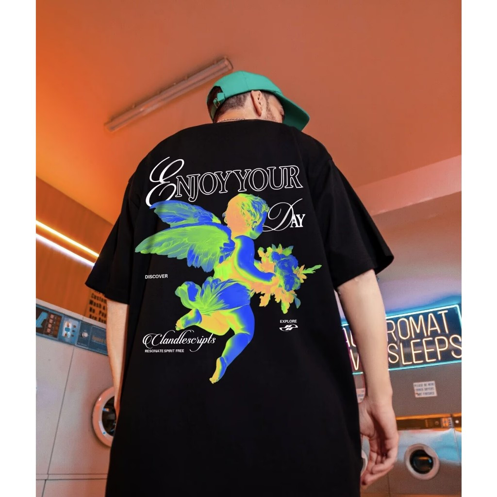 Premium 220GSM เสื้อยืดผ้าฝ้าย 100%GXG ขนาดใหญ่ "Enjoy Your Day" Neon Angel Graphic เสื้อยืด, Casual