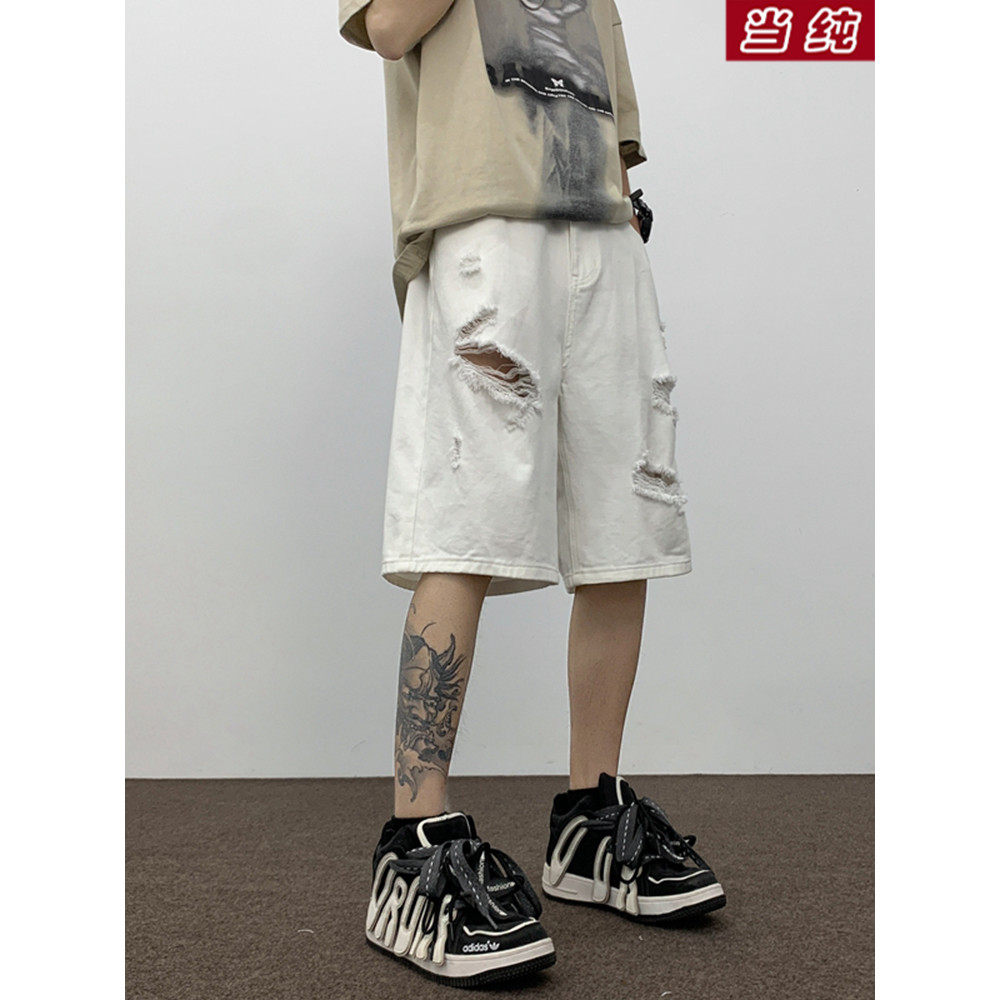 American vibe Street Wear Ripped Denim Shorts Boys Summer Thin Loose Straight Drape Casual Five-poin
