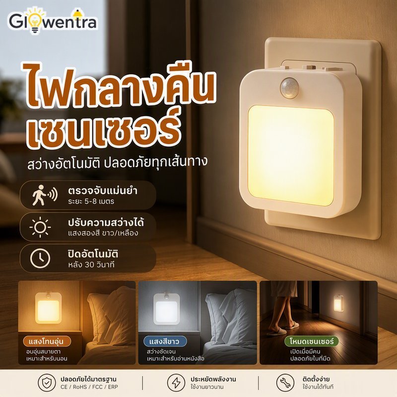 Motion Sensor Night Light Plug In Stepless Dimmable Dual Color Warm White ปิดอัตโนมัติห้องโถง