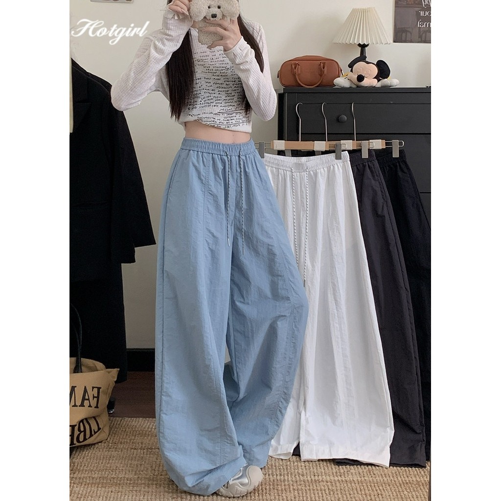 Hotgirl พร้อมส่ง กางเกงขายาวผู้หญิง กางเกงกว้างขาสีพื้นรอยย่นเชือกดึงสีคอนทราสต์สไตล์ลำลองS-2XL