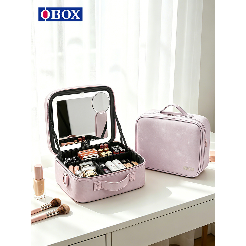 Obox กระเป๋าเครื่องสําอางสไตล์ใหม่ความจุขนาดใหญ่กระเป๋าเก็บของแบบพกพา led กระจก Partition Storage in