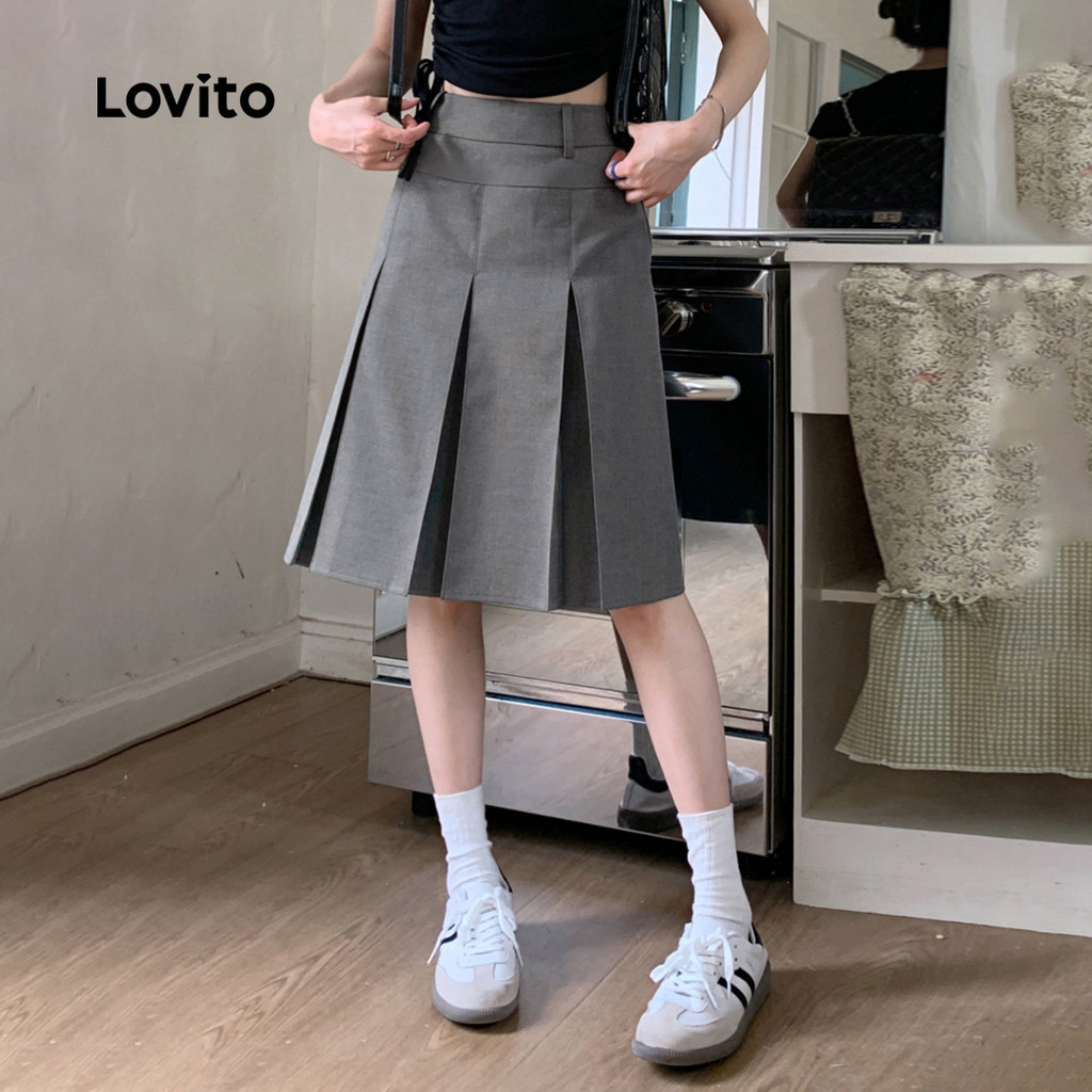 (KOL's pick) Lovito x Poppy แคชชวล กระโปรงลําลองกระโปรงจีบธรรมดาสําหรับผู้หญิง LNE29157 (สีเทา)