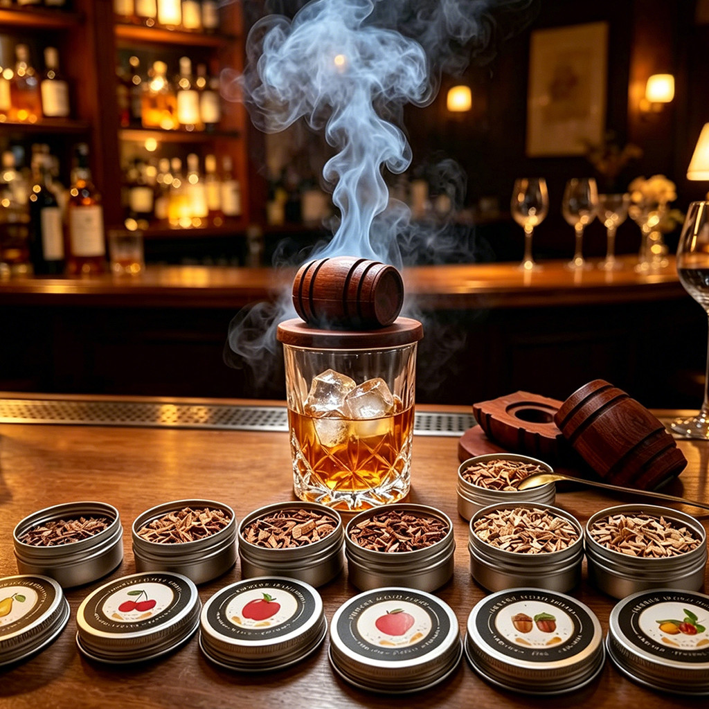 Guugei วิสกี้ Barrel Cocktail Smoker Kit ชุดเครื่องมือสูบบุหรี่ Bartender พร้อมชิปไม้