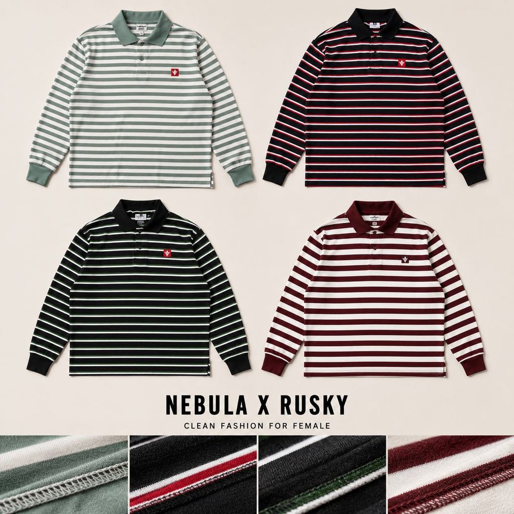 RUSKY X NEBULA - เสื้อยืดโอเวอร์ไซส์รักบี้คอปกลายทาง Cotton 24s