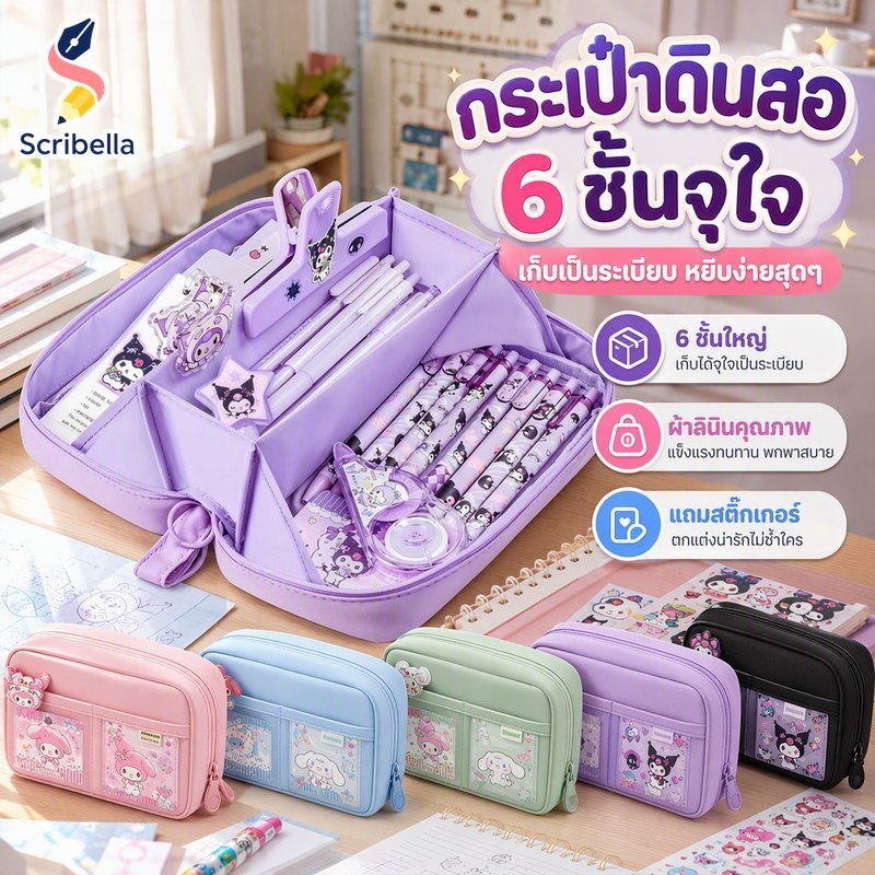 กล่องดินสอขนาดใหญ่ความจุ 6 ชั้น Organizer 180 องศาแบนเปิดโปร่งใส Divider DIY