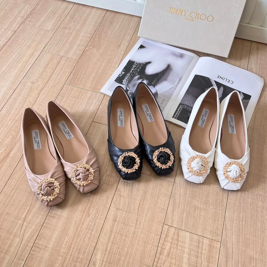 [Jimmcho Flat Shoes] JC Metal Rhinestone Buckle Shoes Women 2025 Early Spring Shallow Mouth Flat Squ