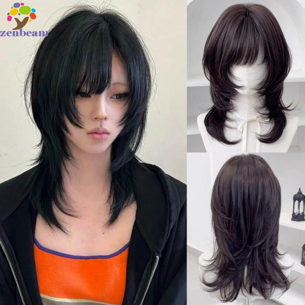 ZENBEAM แมงกะพรุนวิกผม Bangs, สังเคราะห์ธรรมชาติขนาดกลางตรง Layered วิกผม, Full Head Hairpiece Wolf 