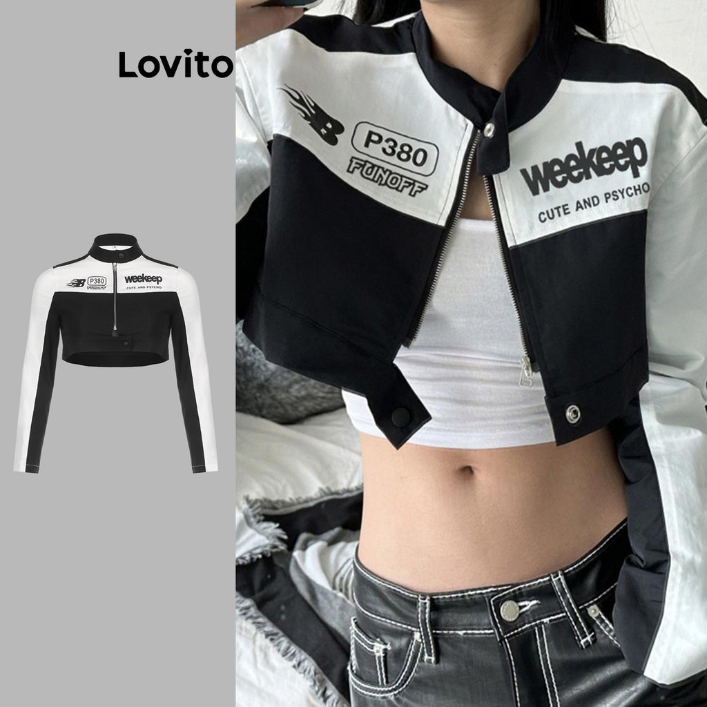 Lovito เสื้อแจ็คเก็ตลําลองเสื้อแจ็คเก็ตลายธรรมดาสําหรับผู้หญิง เกาหลี อินเทรนด์ LNA71008 (หลากสี)