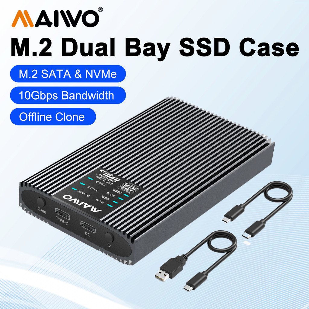 MAIWO Dual Bay M.2 SATA NVMe SSD Enclosure 10Gbps USB 3.2 Type-C Offline Clone AHCI