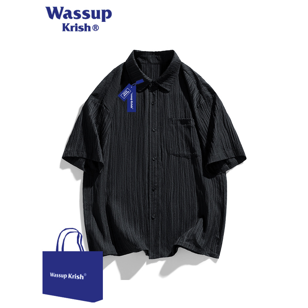 WASSUP KRISH Texturedเสื้อแขนสั้นผู้ชายฤดูร้อนผ้าไหมน้ําแข็งQuick-Dryingเสื้อสีดําสีทึบAll-Match Jac