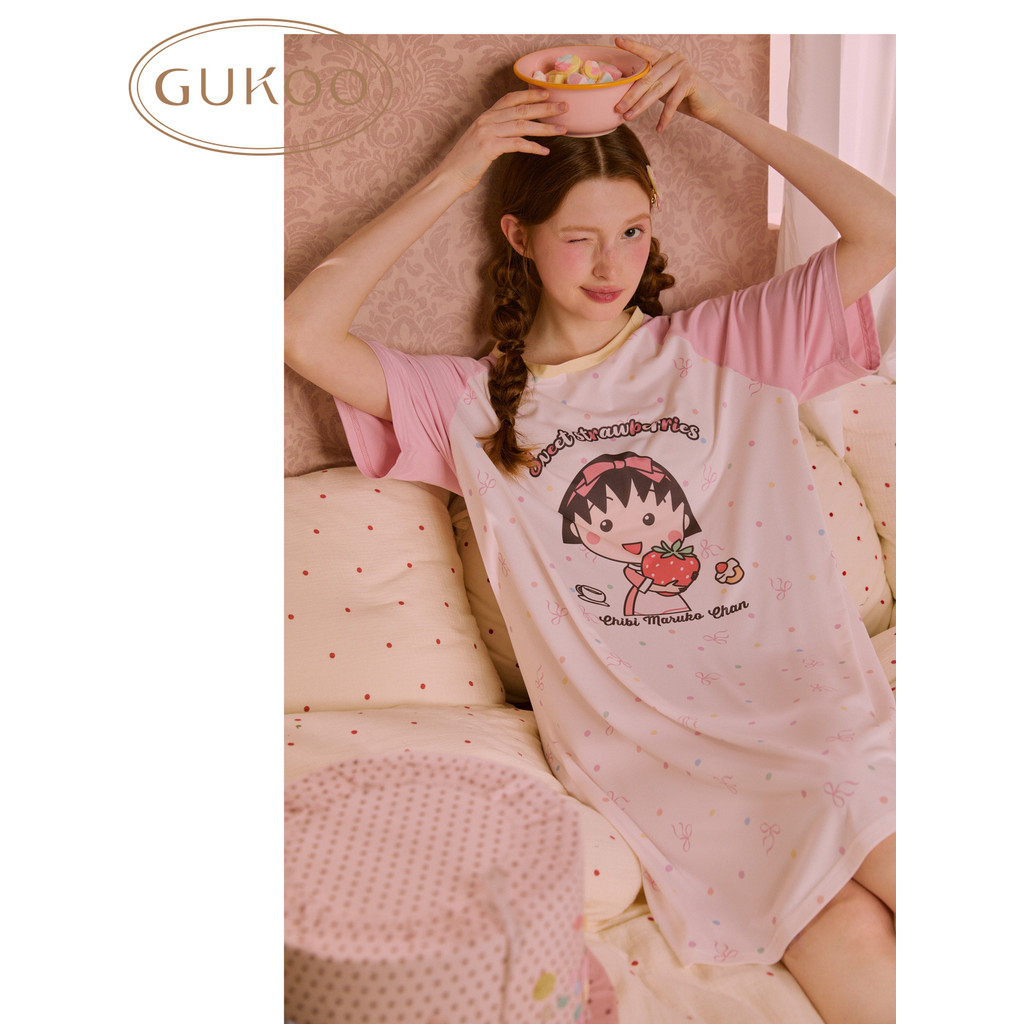 Gukoo/Nut Shell ชุดนอนผู้หญิงฤดูร้อนบาง Cherry Maruko Joint สบายผิว Homewear Nightdress