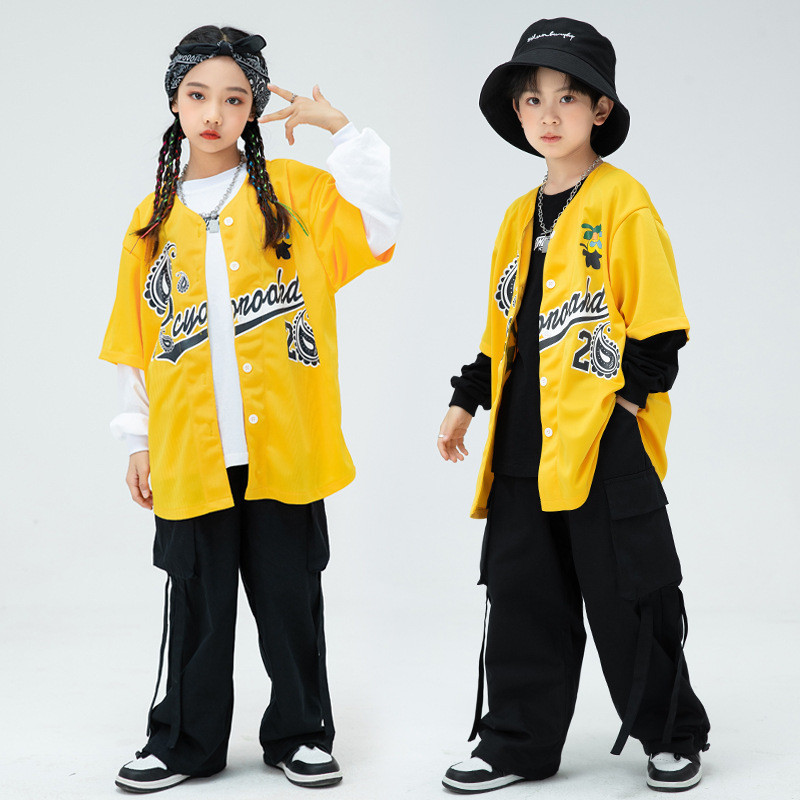 【ks1467.th】 街舞儿童潮服酷帅炸街演出服男童黄色棒球服套装hiphop女童表演服Street Dance Children's Fashion Clothing Cool Handsome 