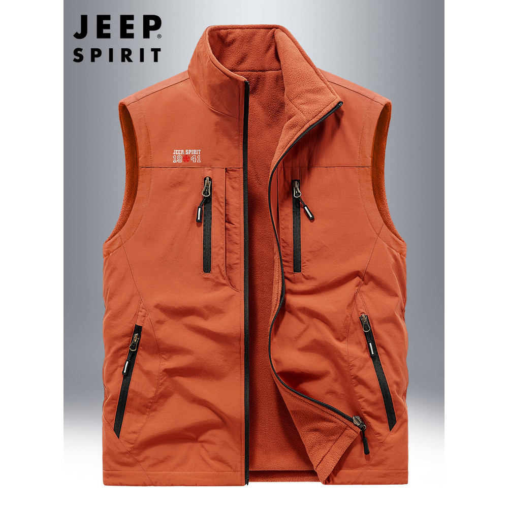JEEP JEEP เสื้อกั๊กสองด้านผู้ชายฤดูหนาวสไตล์ใหม่หลวมหลายกระเป๋าเสื้อกั๊ก Stand-Up Collar เสื้อกั๊กเส