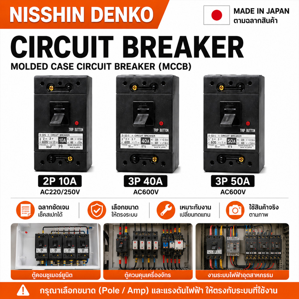 NISSHIN DENKO เบรกเกอร์ MCCB Circuit Breaker D-32G D-53G 2P 10A 3P 40A 50A AC220/250V AC600V Made in Japan