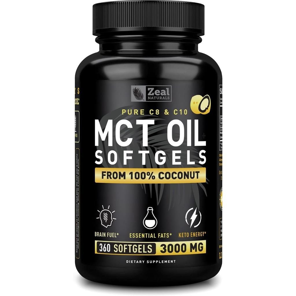Zeal Naturals Pure MCT Oil Capsules - 3000 มก., 360 ซอฟท์เจล |C10, C8 MCT Oil Unrefined Coconut | & 