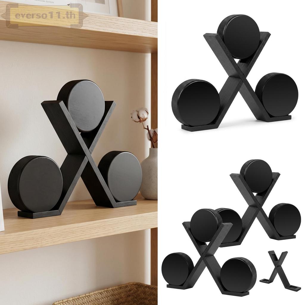 X Shape Hockey Puck Holder Wood Puck Display Case to Hold 3 Hockey Pucks for Home Desktop Bookshelf 
