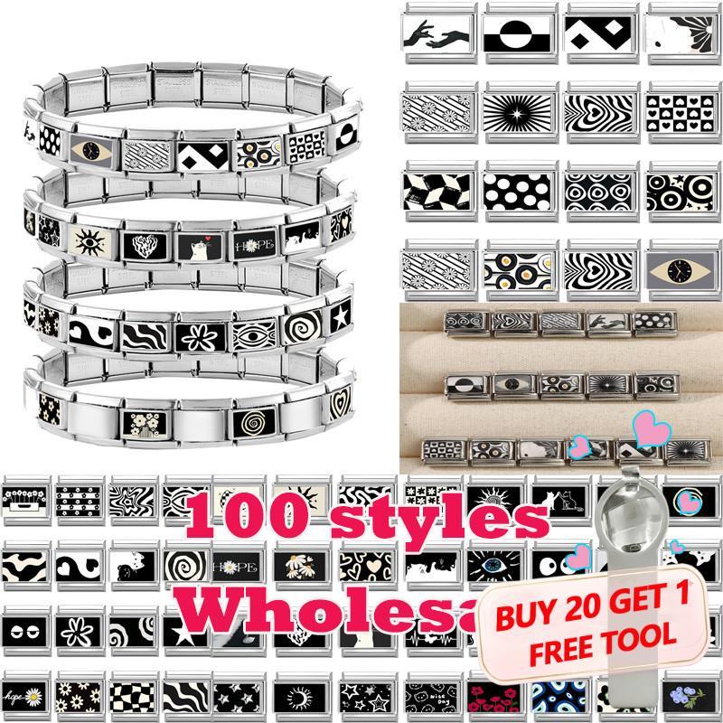 Black White Series Cats Heart Sun Moon Stars Flowers Italian Charm Link Fit 9mm Stainless Steel Bracelet DIY Making Jewelry