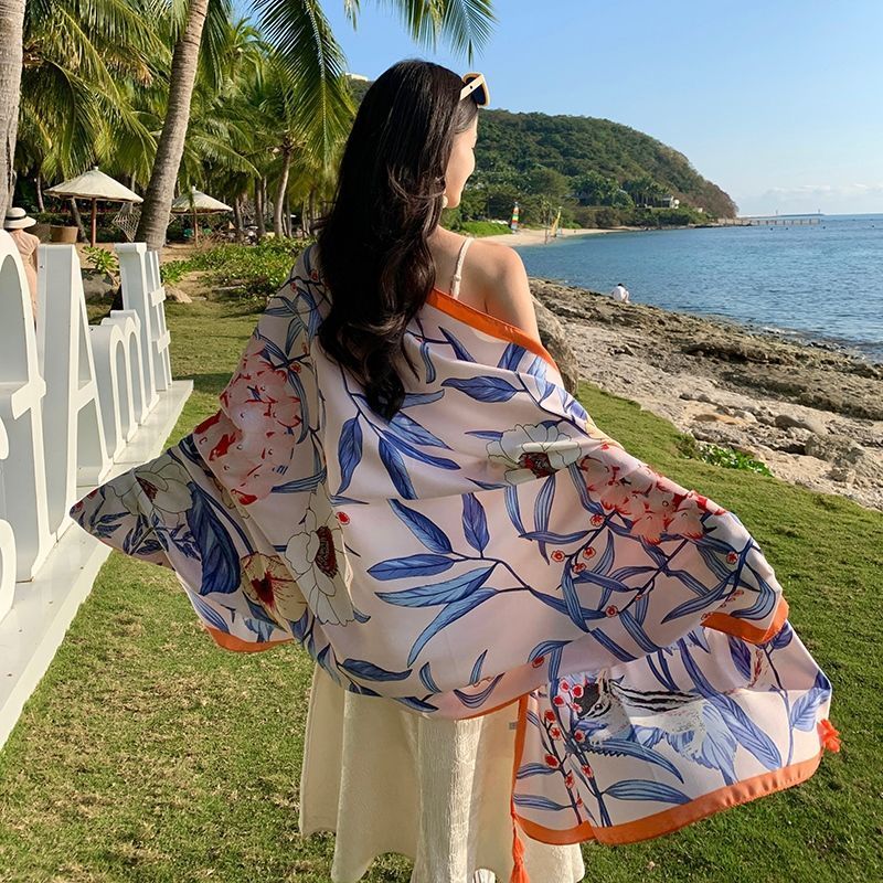 复古อเนกประสงค์风花卉春夏季款丝巾女外ฤดูใบไม้ร่วง大童可爱行防晒风巾风A Beach Sunshade ผ้าพันคอผ้าไหมกับ Cape over It26.9.4