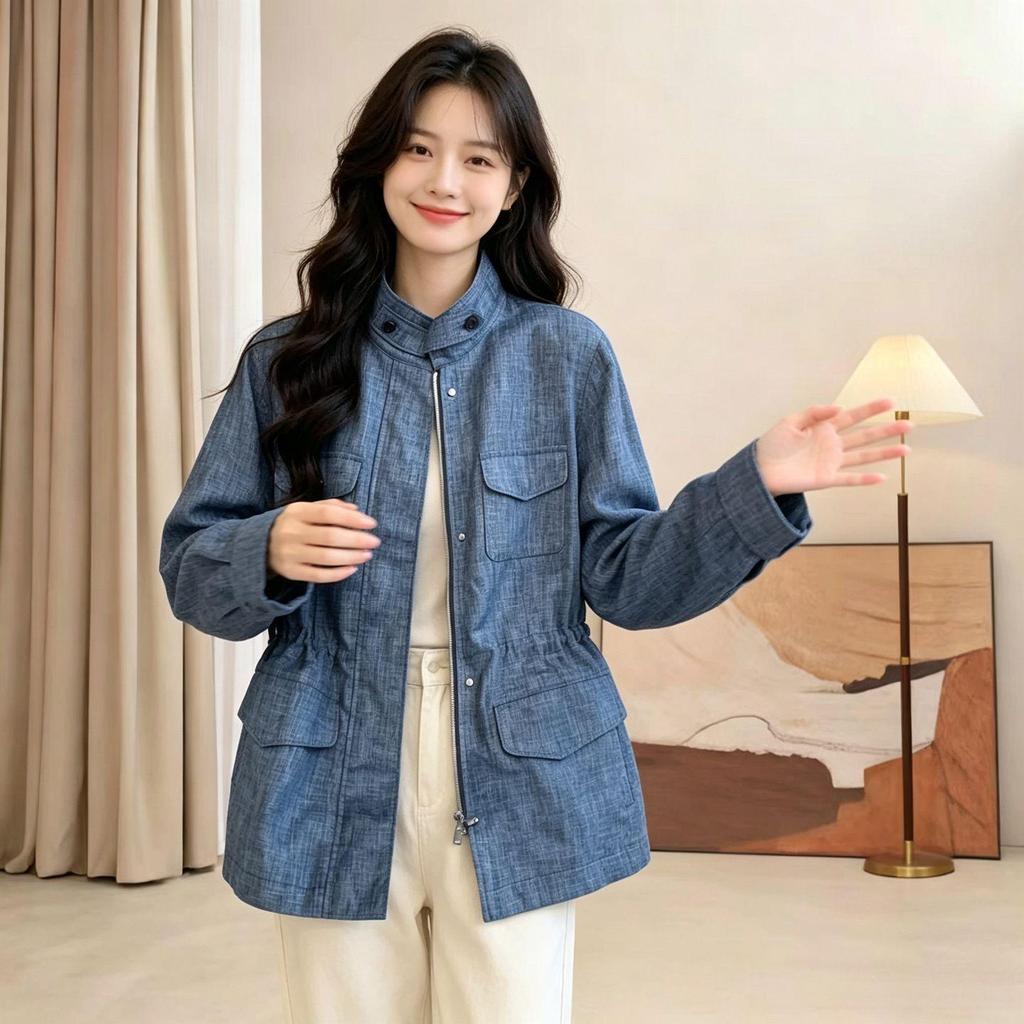 [จํากัดเวลา Seckill] เสื้อแจ็คเก็ต Old Money Style Blue Workwear เสื้อผ้าผู้หญิงฤดูใบไม้ร่วงของผู้หญ