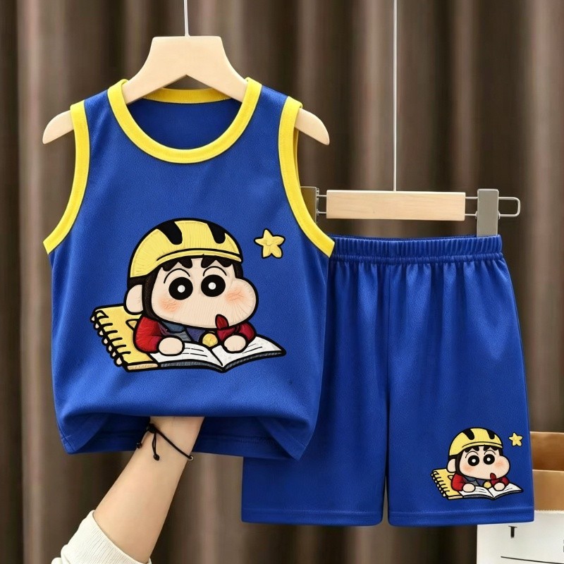【จัดส่งไทย】2ชิ้น BBOY ชุดเสื้อยืดแขนกุด Crayon Shin-chan สีเหลือง ลายสวย สไตล์เกาหลี ขาสั้น สำหรับเด