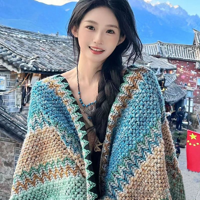 民族风西藏旅游穿搭斗篷披肩拉萨围* 巾女云南丽江外搭青海草原披风Ethnic Style Xizang Wears Cape Cape, Lhasa Scarf And Qinghai Grassla