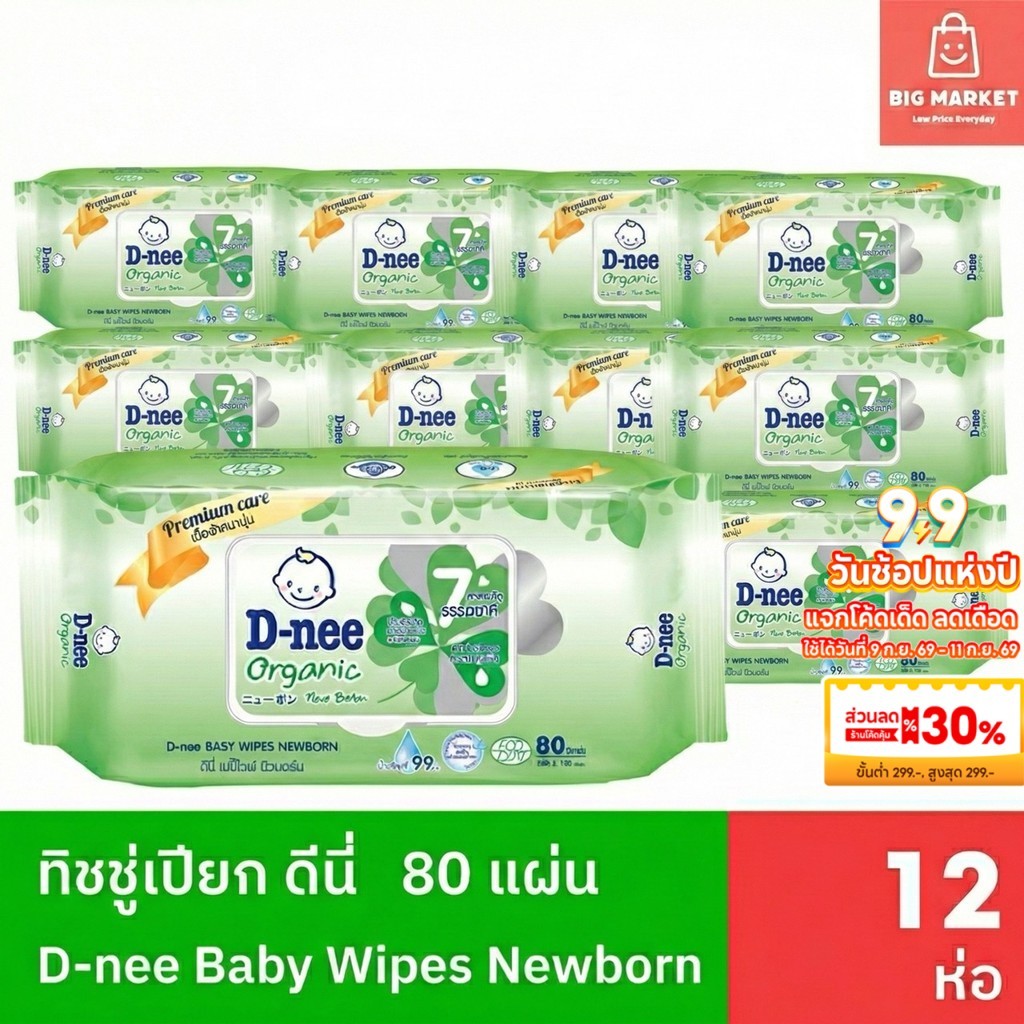 ยกโหล 12 ห่อ ทิชชู่เปียกดีนี่ ออร์แกนิค Dnee Organic Baby Wipes 80แผ่น 12ห่อ ผ้าเปียกสำหรับทารก เด็ก
