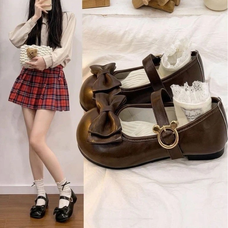 รองเท้าแมรี่เจนไซส์ใหญ่สำหรับผู้หญิง Japanese Sweet Bow JK Uniform Gothic Lolita Shoes Women Plus Si