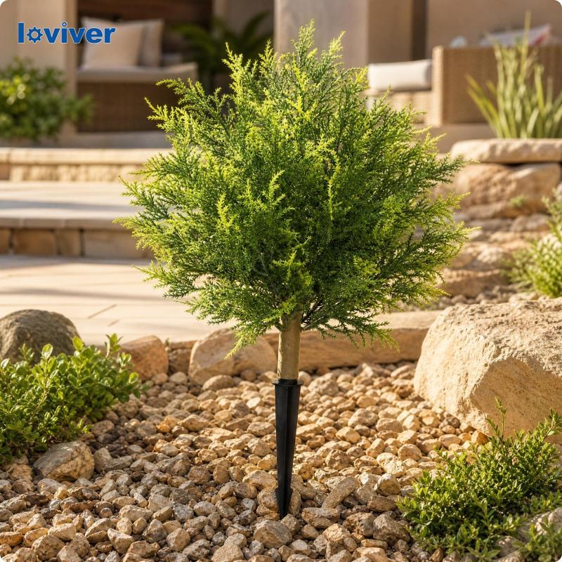 [Loviver] ประดิษฐ์ Cypress Ball Tree บน Dark Stake สําหรับ Entryway Display Maintenance ฟรี Faux Pla