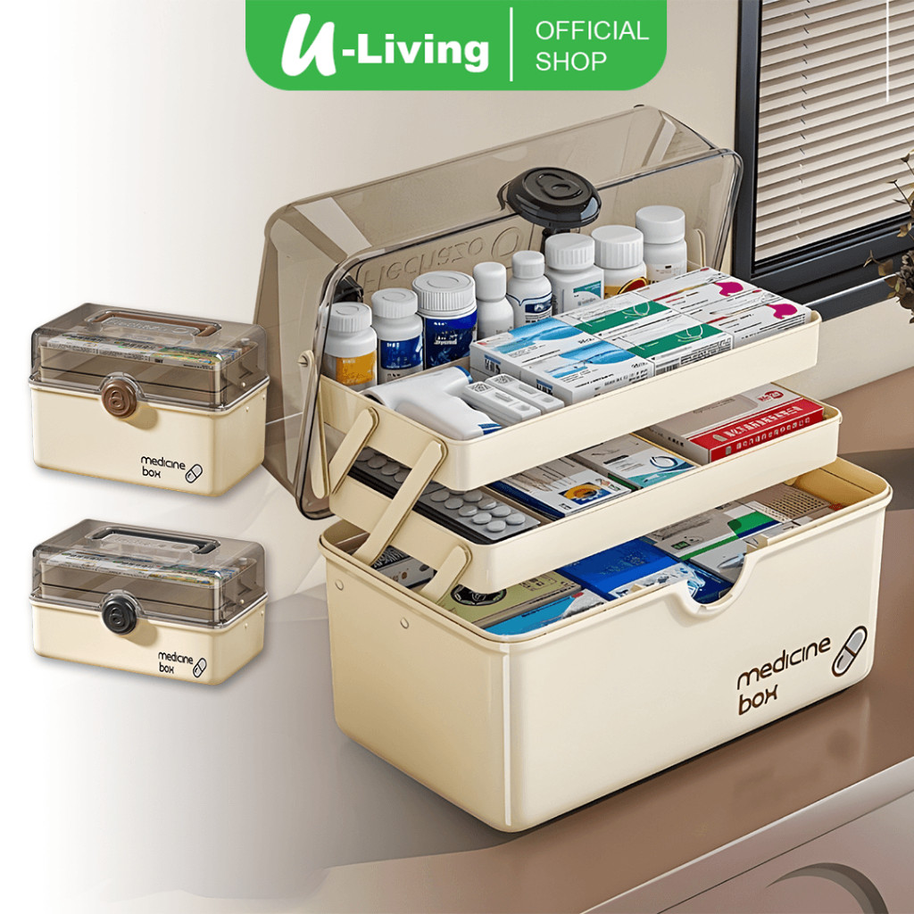 U-Living P3K กล่องยาแบบพกพา 3 ชั้นกล่องเก็บของมัลติฟังก์ชั่นโปร่งใส DSO011