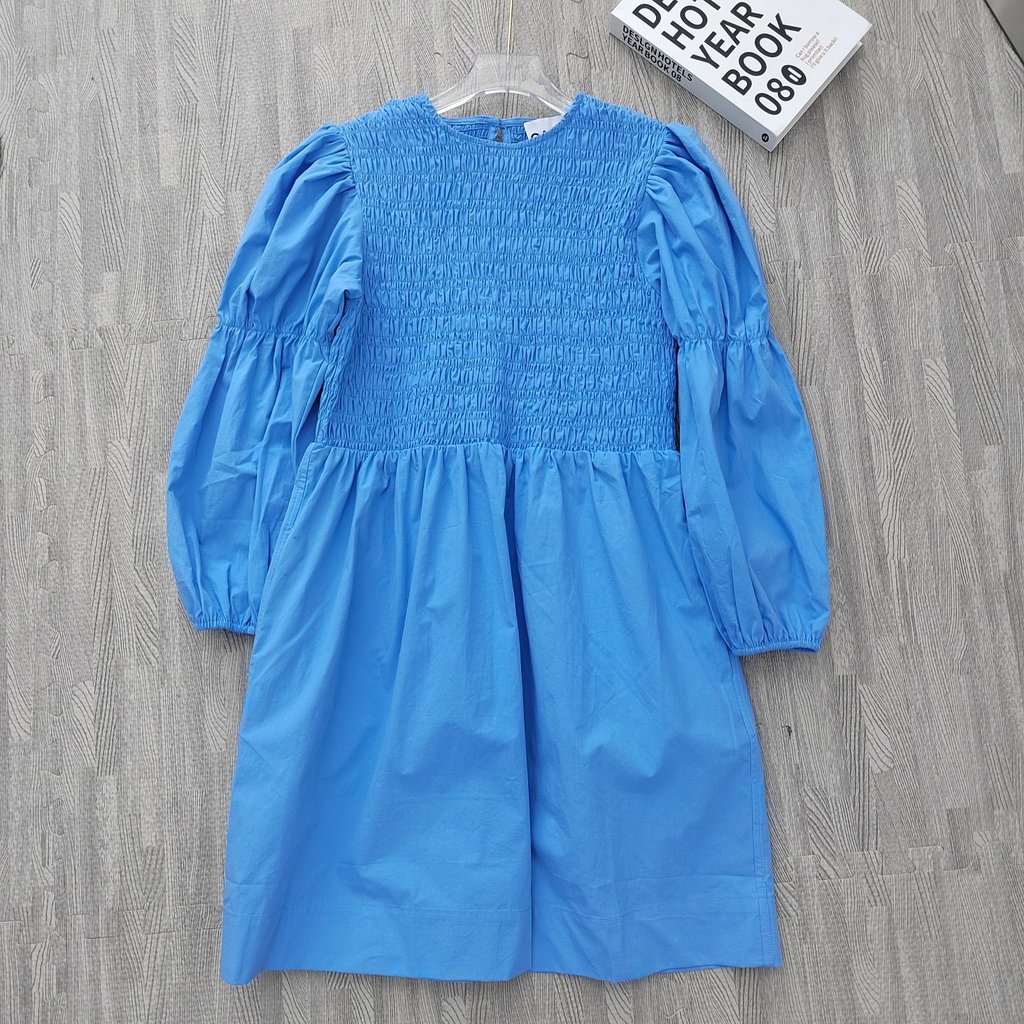 IB88 Gan ** Blue Retro จีบแคบ-เอวพัฟแขนอารมณ์หลวมชุดเดรสกลางผ้าฝ้าย