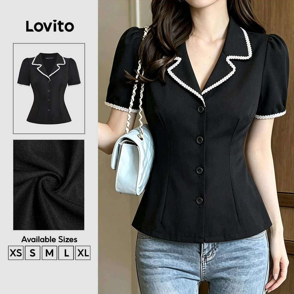 Lovito بلوزة نسائية سوداء بدانتيل