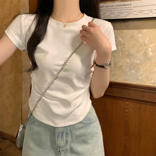 Hotgirl พร้อมส่ง เสื้อยืดผู้หญิง เสื้อแฟชั่น ผ้ายืดรูปทรงสวย น่ารัก ด้านข้างออกแบบจีบ แขนสั้นคอกลม สไตล์ย้อนยุคเกาหลี