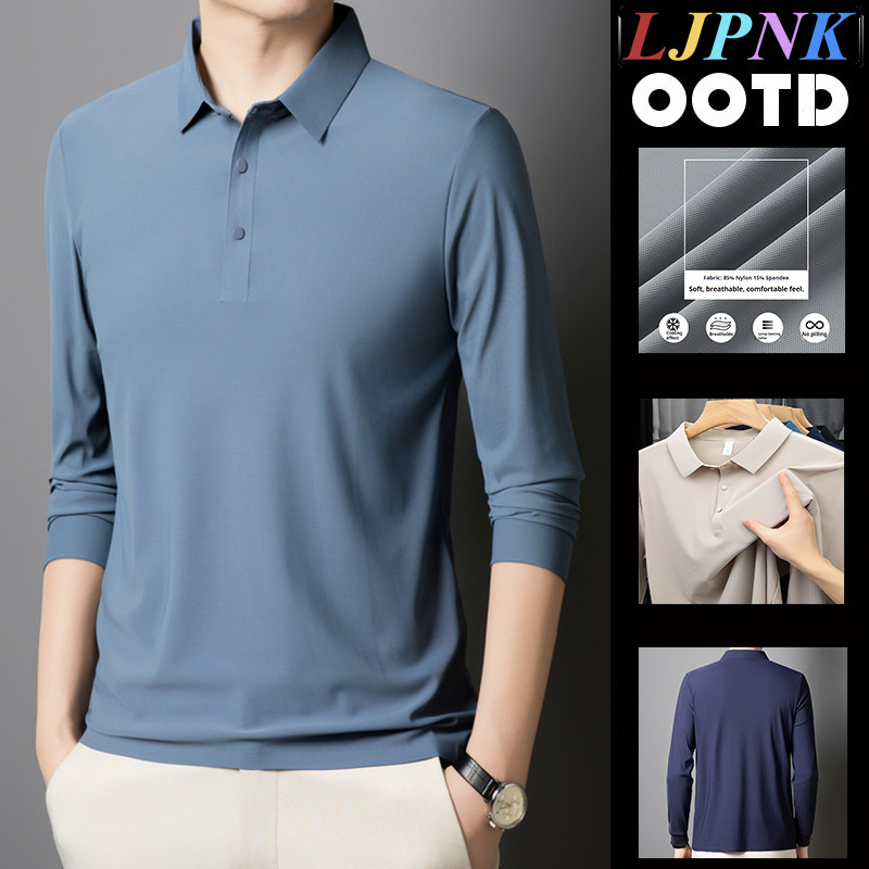 เสื้อโปโลผู้ชาย Ice Silk แขนยาว สบายๆสำหรับทำงาน น้ำหนักเบา แห้งไว เหมาะสมใส่ในฤดูใบไม้ผลิและใบไม้ร่วง