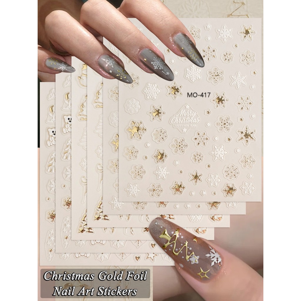 สติ๊กเกอร์ติดเล็บคริสต์มาสสีทองเมทัลลิก 3/6 แผ่น, สติ๊กเกอร์ติดเล็บดาวเกล็ดหิมะหรูหรา, ชุดเพ้นท์เล็บแบบมีกาวในตัว ทําเอง