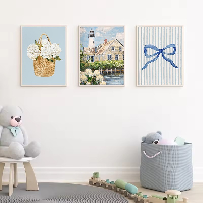 เรือใบน่ารัก Lighthouse Seashell Blue Bow Coastal Beach โปสเตอร์ผ้าใบภาพวาดภาพตกแต่งบ้าน