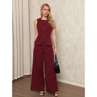 Conjunto Alfaiataria Feminina Colete Sem Manga e Calça Pantalona Elegante