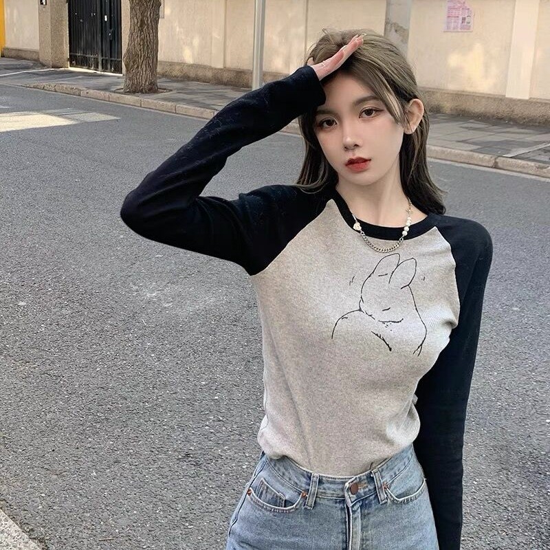 เสื้อยืดแขนยาว สี Contrast ทำจากผ้าฝ้ายแท้ สำหรับฤดูใบไม้ร่วงและฤดูหนาว