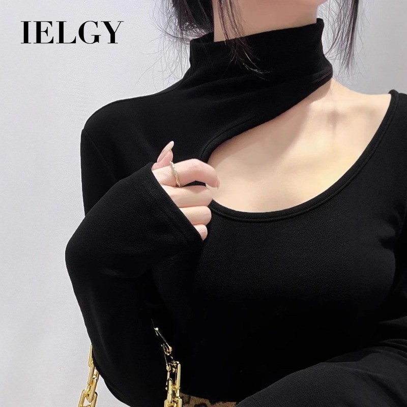 IELGY Hollow out เสื้อยืดอุ่นคอสูงครึ่งสําหรับผู้หญิง