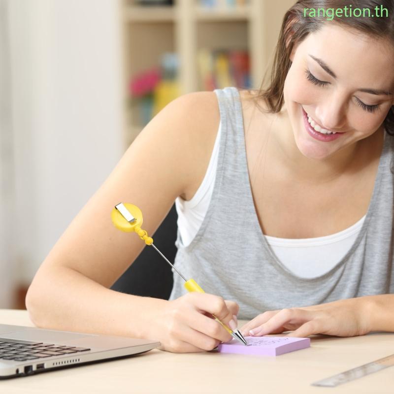 RAN 6 ชิ้น Beadable ปากกาลูกลื่นพร้อม Badge Reel คลิปสําหรับผู้ใหญ่เด็กนักเรียนปากกาลูกปัดพร้อมผู้ถื