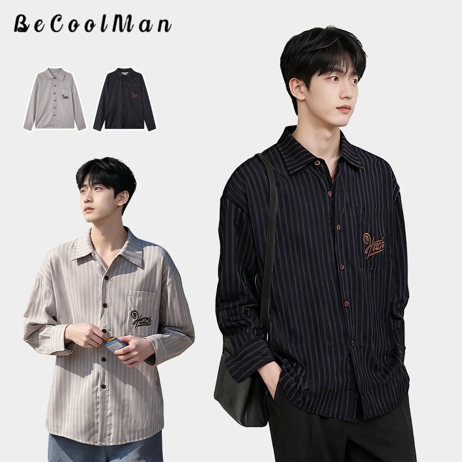 💥BecoolMan💥สไตล์อเมริกัน แนววินเทจ แขนยาวลายทาง ปกพับ ยอดนิยม สีดำ สีเบจ คลาสสิก แมทช์ลุคง่าย เสื้อผ้าผู้ชายแฟชั่น