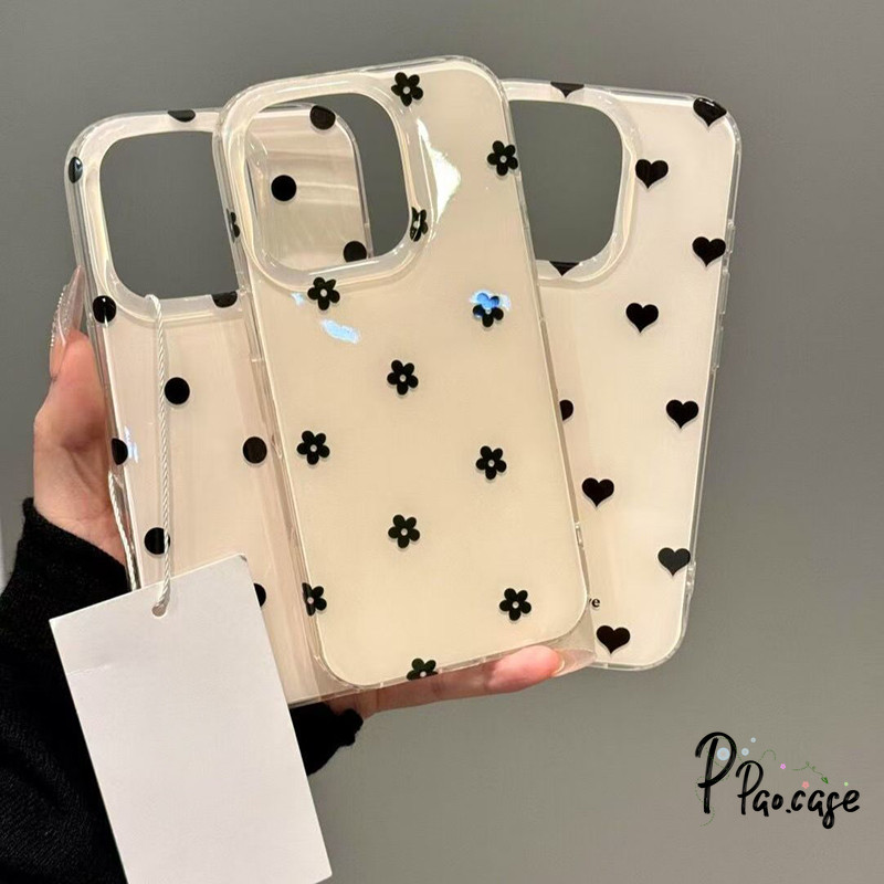 เคสไอโฟน15 สำหรับ IPhone 11 13 16 15 14 17 Air 12 Pro Max 15 16 14 Plus ดอกไม้สีดำน่ารักรักหัวใจใหม่ imd เคส tpu อ่อน