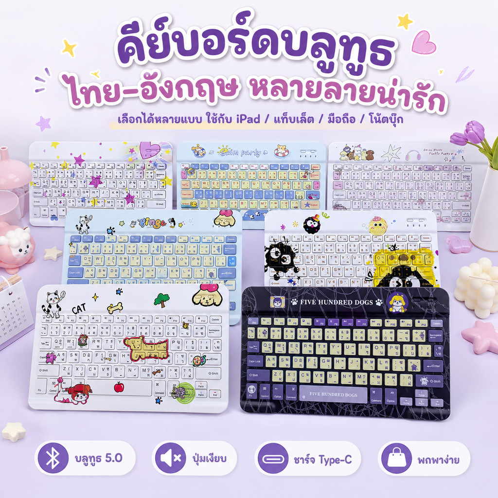 คีย์บอร์ดไร้สาย ภาษาไทยอังกฤษ ลายน่ารัก Swim Party ดีไซน์สวยงาม บางเบาพกพาง่าย แบตเตอรี่อึดใช้งานยาว รองรับiPad แท็บเล็ต