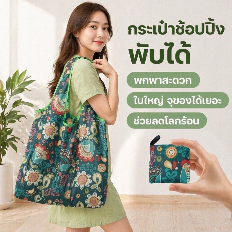 กระเป๋าช้อปปิ้งพับได้ กระเป๋าผ้าใช้ซ้ำ ใบใหญ่ จุของเยอะ พกพาง่าย กันน้ำ งานเดินทาง