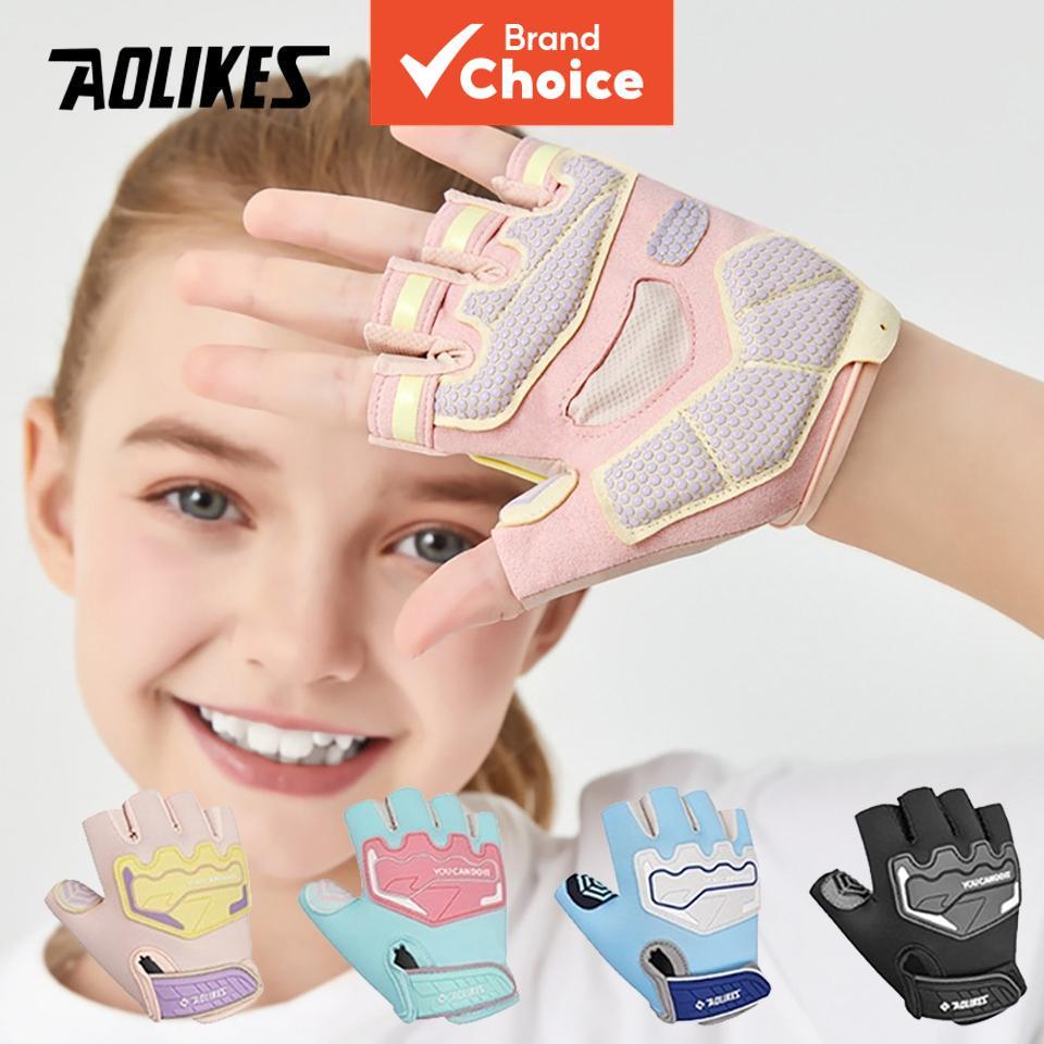 Aolikes ถุงมือกีฬากันลื่นสําหรับเด็ก - ฟิตเนสแบบครึ่งนิ้วระบายอากาศได้สําหรับเด็กชายและเด็กหญิง (1 คู่) อุปกรณ์เสริมกลางแจ้ง