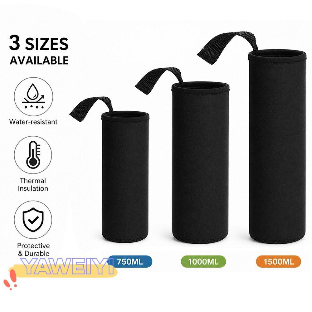 YAWEIY กระเป๋าใส่ขวดหุ้มฉนวน, ขวดน้ําสีดํา 750/1000/1500ML, ปลอกสวมถ้วยแบบพกพาน้ําหนักเบา