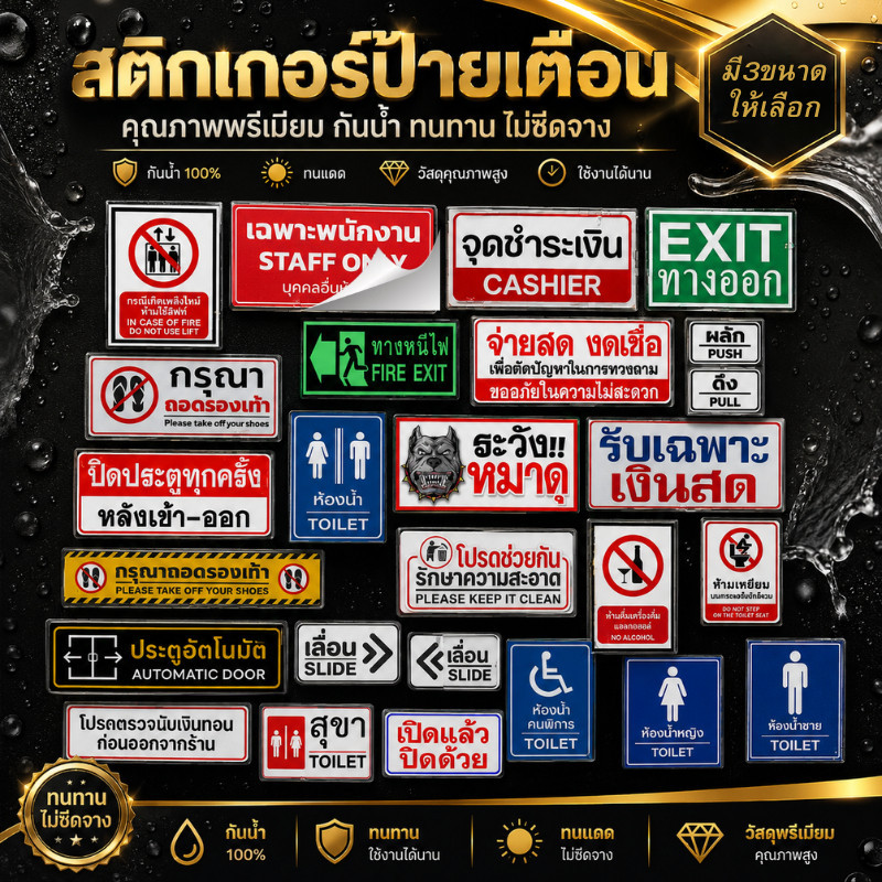 JIE HOME สติกเกอร์ป้ายเตือนต่างๆ สติกเกอร์ PVC เกรดพรีเมี่ยม เคลือบฟิล์มลามิเนตสำหรับงานกลางแจ้ง มีความทนทานสูง