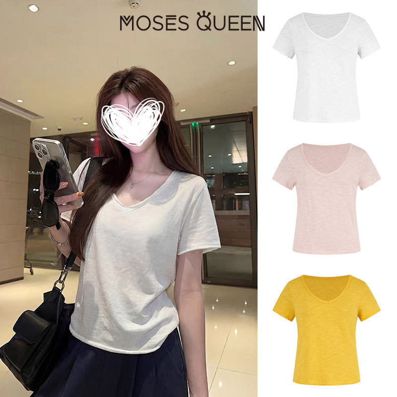 MOSESQUEEN เสื้อยืดระบายอากาศคอวีรีดขอบขี้เกียจและสะดวกสบายสําหรับผู้หญิง - เสื้อเชิ้ตแขนสั้นสีบริสุทธิ์กระชับสัดส่วน #63901